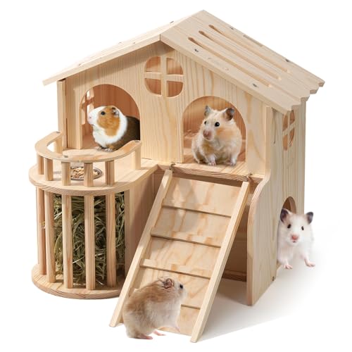Großes Haus für Hamster, Hamstervilla aus Holz, 36x31x33 cm, Nagerhaus mit Rampe, Fenster und Heuraufe, Kleintier Schloss mehrstöckige Meerschweinchen Versteck von JAZUIHA