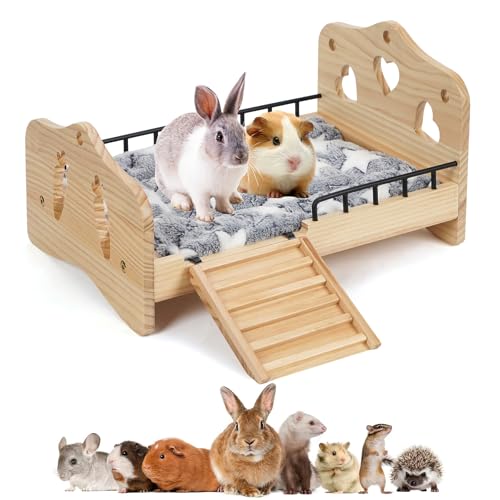 JAZUIHA Kaninchenbett, Holz-Hasenbett, Meerschweinchen-Bett, Kaninchen-Bettwäsche für den Innenbereich, Kaninchen, Meerschweinchen, Bettwäsche mit Treppenmatte, Rattenbett, Kleintierbett für Kaninchen von JAZUIHA