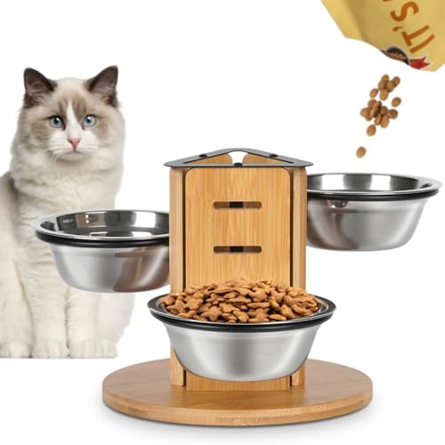 JAZUIHA Katzennapf 3er Set Erhöht, 3-Seitiges Design Futterstation für Katzen und Welpen, Futternapf 3 Stufen höhenverstellbar mit Edelstahlnäpfe je 350ml von JAZUIHA