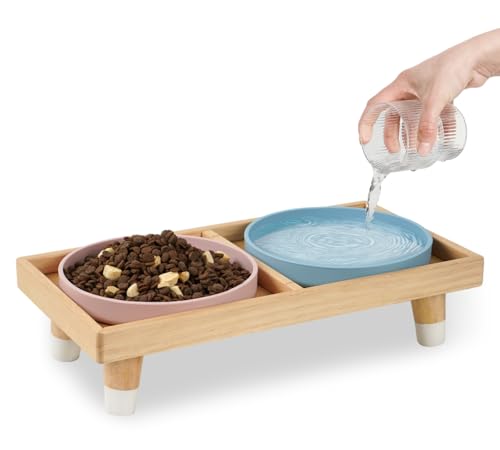 JAZUIHA Erhöhte Futterstation für Katzen – Katzennapf mit Holzständer, 2 Silikonschalen breit & flach, Durchmesser 18 cm, Rosa & Blau, FÜR Katzen & Welpen von JAZUIHA