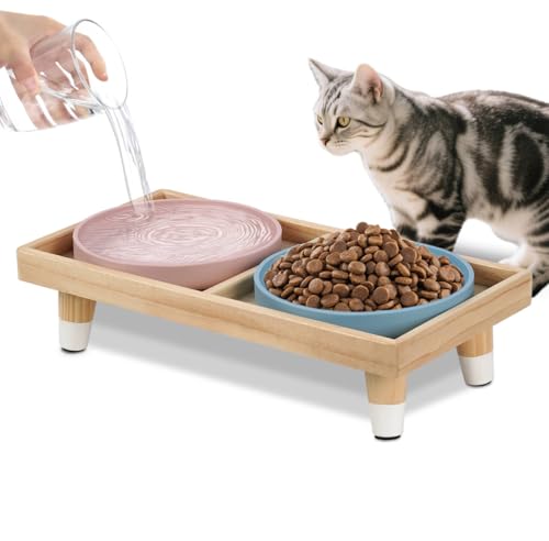 Katzennäpfe aus Silikon mit Ständer, 17,8 cm breit, flach, Schnurrhaarfreundlich, rutschfeste Futternäpfe für Trocken-/Nassfutter und Wasser, Futterspender für den Innenbereich (Blau + Rosa), 2 Stück von JAZUIHA