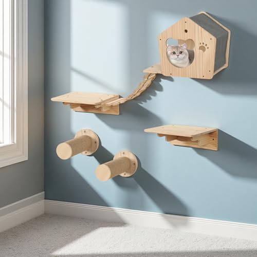 JAZUIHA Katzenkletterwand Set aus Massivholz - 6-teilig, inkl. Katzenhöhle, Hängebrücke, Liegebrett, Kletterschritte, Wandpark zum Klettern und Entspannen für Hauskatzen von JAZUIHA