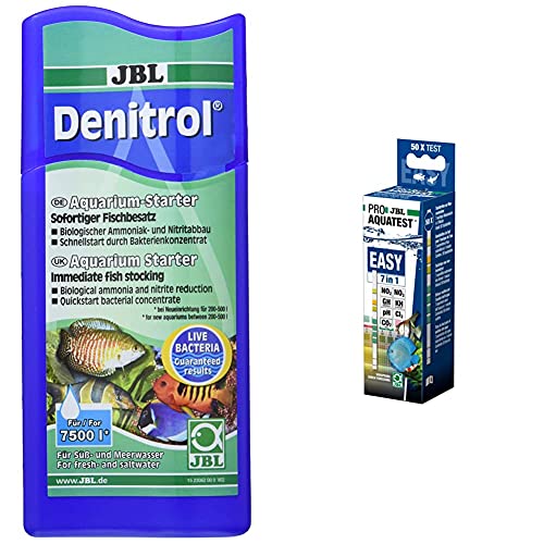 JBL Denitrol 2306200 Aquarium-Starter, Bakterienstarter, Für Süß- und Meerwasser-Aquarien, Neueinrichtung, Wasserwechsel, 250 ml & Aquarienwasser-Teststreifen, 50 Teststreifen, PROAQUATEST Easy 7in1 von JBL