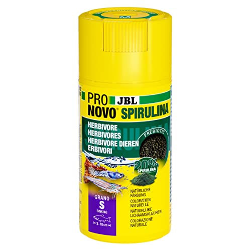 JBL PRONOVO SPIRULINA GRANO, Grünfuttergranulat für alle Aquarienfische und Garnelen von 3-10 cm, Fischfutter-Granulat, Klickdosierer, Größe S, 100 ml von JBL