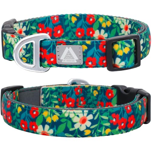 JC HOUSE Hundehalsband für große Hunde mit reflektierendem Logo und weich gepolstertem Neopren, Blumendruck-Design, verstellbar, leicht und langlebig, Halsumfang 40,6–63,5 cm (Blumenmuster, L) von JC HOUSE