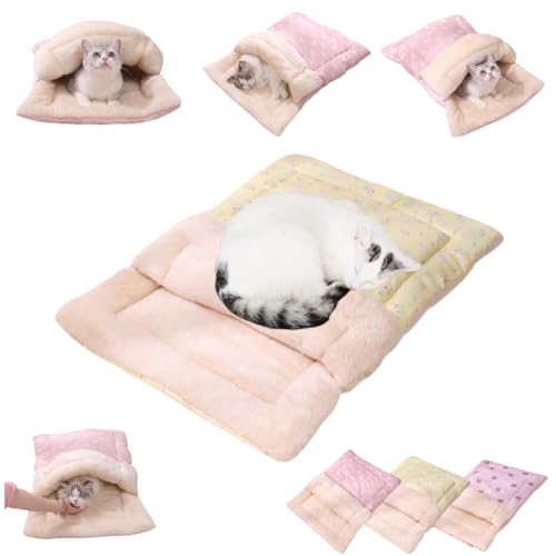 Katzen-Winterschlafsack – selbstwärmende Betthöhle für Hauskatzen, weicher Plüschsack mit gemütlicher Haustiermatte für Kätzchen (Gelb, M - 50 x 70 cm) von JCATPD