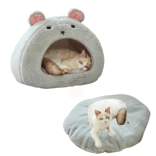 Katzenbetten für Indoor-Katzen - Hamsterförmiges Katzenhöhlenbett mit abnehmbarem und waschbarem gepolstertem Kissen, rutschfeste Unterseite, warmes Höhlen-Schlafnest für Welpen und Kätzchen, Hellgrau von JCATPD