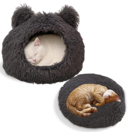 Rundes Katzenbett mit Kapuze für Hauskatzen, gemütliches Katzenhöhlenbett mit abnehmbarem, waschbarem, weichem Kissen und rutschfester Unterseite, warmes, süßes Haustiernest für Kätzchen, kleine Hunde Rundes Katzenbett mit Kapuze für Hauskatzen, gemütliches Katzenhöhlenbett mit abnehmbarem, waschbarem, weichem Kissen und rutschfester Unterseite, warmes, süßes Haustiernest für Kätzchen, kleine Hunde von JCATPD