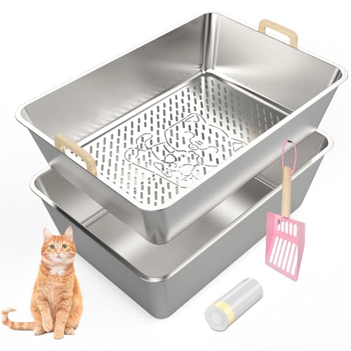 JDCQKHA Katzentoilette aus Edelstahl, extra große Siebtoilette für Kiefernpellets, Geruchskontrolle, Metall-Katzentoilette mit Metallschaufel und Katzentoiletteneinlagen, leicht zu reinigen JDCQKHA Katzentoilette aus Edelstahl, extra große Siebtoilette für Kiefernpellets, Geruchskontrolle, Metall-Katzentoilette mit Metallschaufel und Katzentoiletteneinlagen, leicht zu reinigen von JDCQKHA