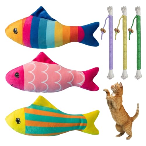 JDNFKG 3 Stück Plüschfischspielzeug Und 3 Stück Beißseil, Interaktives Katzenspielzeug, Katzenzahnreinigungszubehör, Heimtierbedarf. von JDNFKG