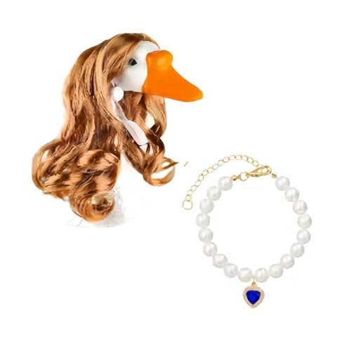 1. Gänse Hundekostüm lockiges Haar Halskette Kopfschmuck mit Perlen für Versammlungen Synthetischer Stoff Foto Prop Gänse Party Perücken mit Perlen Halskette von JDNH