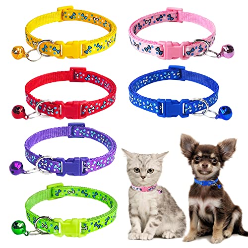Jecikelon 6 PCS Puppy Collars Adjustable Pup Collar for Small Pet Dog Polyester Cat Collar with Bell Basic Collar for Small Dogs (Small, Bone2) von JECIKELON