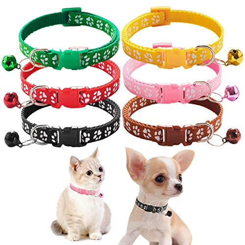 Jecikelon 6 PCS Puppy Collars Adjustable Pup Collar for Small Pet Dog Polyester Cat Collar with Bell Basic Collar for Small Dogs (Small, Paw1) von JECIKELON