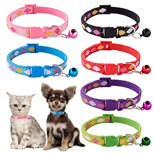 Jecikelon 6 PCS Puppy Collars Adjustable Pup Collar for XSmall Pet Dog Polyester Cat Collar with Bell Basic Collar for Extra Small Dogs (XS, Diamond) von JECIKELON