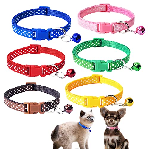 Jecikelon 6 PCS Puppy Collars Adjustable Pup Collar for XSmall Pet Dog Polyester Cat Collar with Bell Basic Collar for Extra Small Dogs (XS, White Dot) von JECIKELON
