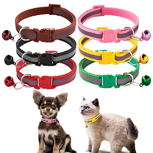 Jecikelon 6 PCS Reflective Puppy Collars Adjustable Pup Collar for Small Pet Dog Polyester Cat Collar with Bell Basic Collar for Small Dogs (Small, Reflective Tape1) von JECIKELON