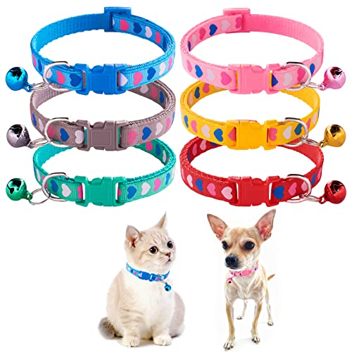 Jecikelon 6 Stück Welpenhalsbänder, verstellbares Welpenhalsband für XS, Polyester, Katzenhalsband mit Glöckchen, Basishalsband für extra kleine Hunde (XS, Herz) von JECIKELON