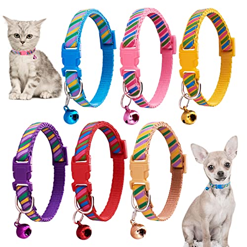 Jecikelon 6 Stück Welpenhalsbänder, verstellbares Welpenhalsband für XS, Polyester, Katzenhalsband mit Glöckchen, Basishalsband für extra kleine Hunde (XS, Regenbogen) von JECIKELON