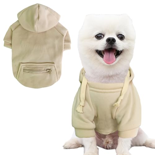 Jecikelon Haustier Hund Kaltwettermantel mit Tasche Winter Hund Hoodie Warme Welpenkleidung für kleine Hunde Chihuahua Kleidung (Beige, S) von JECIKELON