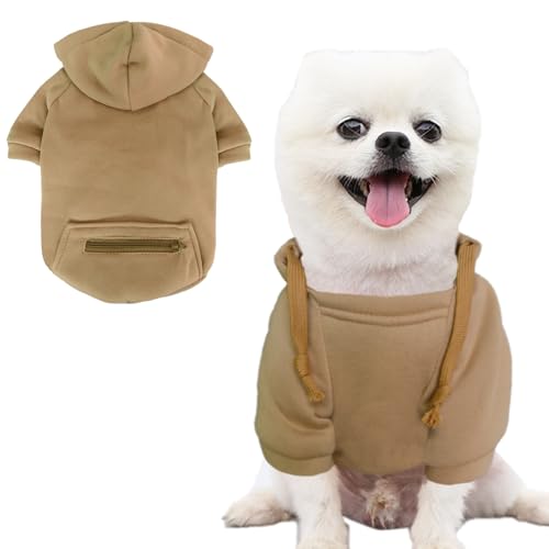 Jecikelon Haustiermantel für kaltes Wetter, mit Tasche, Winter-Kapuzenpullover, warme Welpenkleidung für kleine Hunde, Chihuahua-Kleidung (Khaki, XL) von JECIKELON