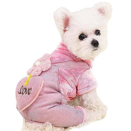 Jecikelon Hunde-Pyjama aus Cord für kleine Hunde, Herzform, Winterpullover, dick, warm, vierbeinig, Größe L, Rosa 1 von JECIKELON