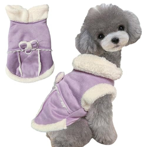 Jecikelon Hundemantel mit Fliege, für kaltes Wetter, Fleecefutter, warmer Rollkragen, Winterkleidung für kleine Hunde mit D-Ring, Lila, Größe S von JECIKELON