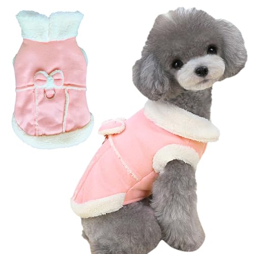Jecikelon Hundemantel mit Fliege für kaltes Wetter, Fleecefutter, warme Haustierwelpe, Rollkragen, Winterkleidung für kleine Hunde mit D-Ring, Rosa, Größe XL von JECIKELON