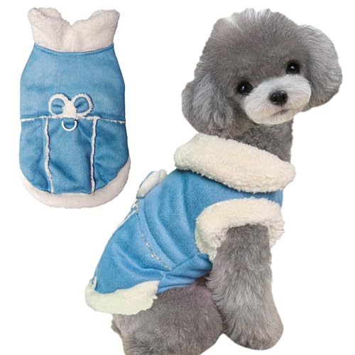 Jecikelon Hundemantel mit Fliege für kaltes Wetter, Fleecefutter, warmer Rollkragen, Winterkleidung für kleine Hunde mit D-Ring, Blau, Größe XL von JECIKELON