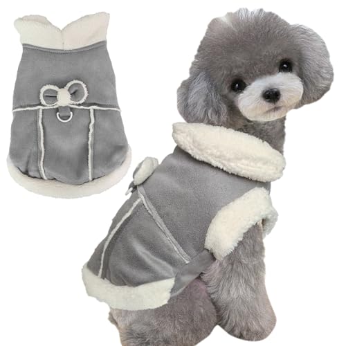 Jecikelon Hundemantel mit Fliege für kaltes Wetter, Fleecefutter, warmer Rollkragen, Winterkleidung für kleine Hunde mit D-Ring, Grau, Größe S von JECIKELON
