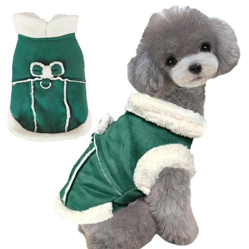 Jecikelon Hundemantel mit Fliege für kaltes Wetter, Fleecefutter, warmer Rollkragen, Winterkleidung für kleine Hunde mit D-Ring, Grün, Größe XS von JECIKELON