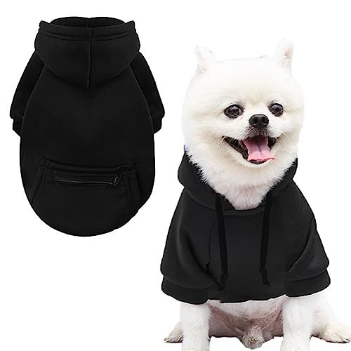 Jecikelon Winter Hund Kapuzenpullover Sweatshirts mit Taschen Warme Hundekleidung für kleine Hunde Chihuahua Mantel Kleidung Welpen Katze Kostüm (groß, Y02-schwarz) von JECIKELON