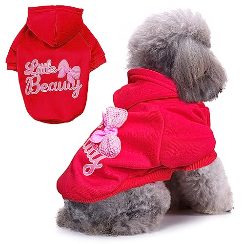 Jecikelon Winter Hunde Kapuzenpullover Sweatshirts mit Taschen Warme Hundekleidung für kleine Hunde Chihuahua Mantel Kleidung Welpen Katze Kostüm (groß, Y01-rot) von JECIKELON