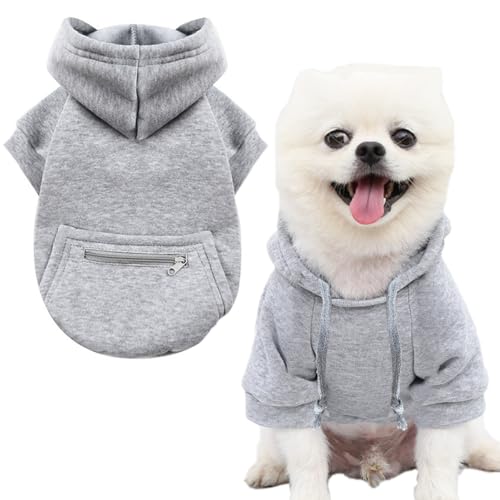 Jecikelon Winter-Hunde-Kapuzenpullover mit Taschen, warme Kleidung für kleine Hunde, Chihuahua-Mantel, Welpen-Kleidung, Größe L, Y02-Grau von JECIKELON