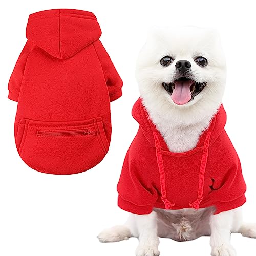 Jecikelon Winter Hunde Kapuzenpullover Sweatshirts mit Taschen Warme Hundekleidung für kleine Hunde Chihuahua Mantel Kleidung Welpen Katze Kostüm (groß, Y02-rot) von JECIKELON