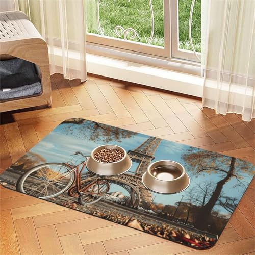 Eiffelturm-Fahrradaufdruck, PU-Leder-Futtermatte für Hunde, Katzen, Haustierfuttermatte, saugfähig, rutschfeste Gummiunterseite von JEJEA