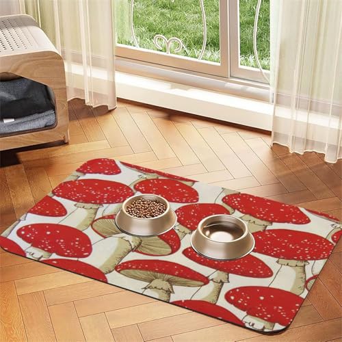 Futtermatte aus PU-Leder mit Pilzdruck, für Hunde und Katzen, saugfähig, rutschfeste Gummiunterseite, Rot / Weiß Futtermatte aus PU-Leder mit Pilzdruck, für Hunde und Katzen, saugfähig, rutschfeste Gummiunterseite, Rot / Weiß von JEJEA