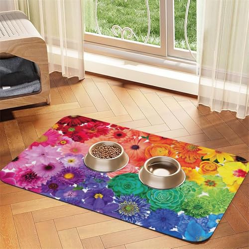 Futtermatte aus PU-Leder mit Regenbogen-Blumendruck, saugfähig, rutschfeste Gummiunterseite Futtermatte aus PU-Leder mit Regenbogen-Blumendruck, saugfähig, rutschfeste Gummiunterseite von JEJEA