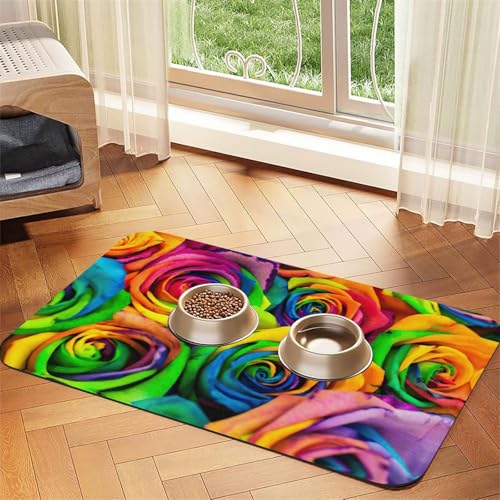 Futtermatte aus PU-Leder mit buntem Rosenmuster, für Hunde, Katzen, saugfähig, rutschfeste Gummiunterseite Futtermatte aus PU-Leder mit buntem Rosenmuster, für Hunde, Katzen, saugfähig, rutschfeste Gummiunterseite von JEJEA
