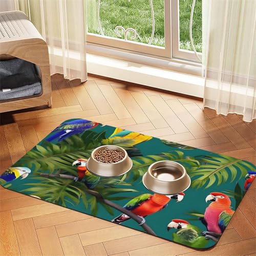 Futtermatte aus PU-Leder mit tropischen Pflanzen und Papageien, saugfähig, rutschfeste Gummiunterseite Futtermatte aus PU-Leder mit tropischen Pflanzen und Papageien, saugfähig, rutschfeste Gummiunterseite von JEJEA