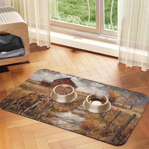 Futtermatte für Hunde und Katzen, Motiv: Bauernhof mit Hirschdruck, PU-Leder, saugfähig, rutschfeste Gummiunterseite Futtermatte für Hunde und Katzen, Motiv: Bauernhof mit Hirschdruck, PU-Leder, saugfähig, rutschfeste Gummiunterseite von JEJEA