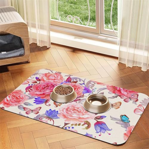 Futtermatte für Hunde und Katzen, Motiv: Blume, Rose, Schmetterling, PU-Leder, saugfähig, rutschfeste Gummiunterseite Futtermatte für Hunde und Katzen, Motiv: Blume, Rose, Schmetterling, PU-Leder, saugfähig, rutschfeste Gummiunterseite von JEJEA