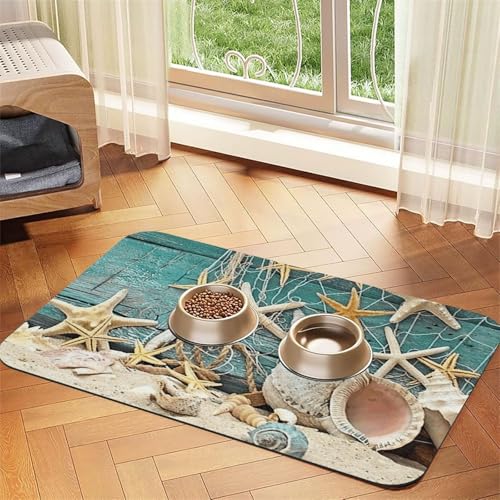 Futtermatte für Hunde und Katzen, Motiv: Seestern, Muschel, Strand, PU-Leder, saugfähig, rutschfeste Gummiunterseite Futtermatte für Hunde und Katzen, Motiv: Seestern, Muschel, Strand, PU-Leder, saugfähig, rutschfeste Gummiunterseite von JEJEA