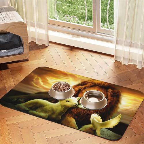 Futtermatte für Hunde und Katzen, Motiv: Sonnenuntergang, Löwe, Lamm, Vogel, bedruckt, PU-Leder, saugfähig, rutschfeste Gummiunterseite Futtermatte für Hunde und Katzen, Motiv: Sonnenuntergang, Löwe, Lamm, Vogel, bedruckt, PU-Leder, saugfähig, rutschfeste Gummiunterseite von JEJEA