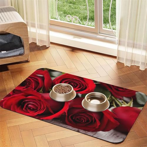 Futtermatte für Hunde und Katzen, Motiv: rote Rose, Blumendruck, PU-Leder, saugfähig, rutschfeste Gummiunterseite von JEJEA