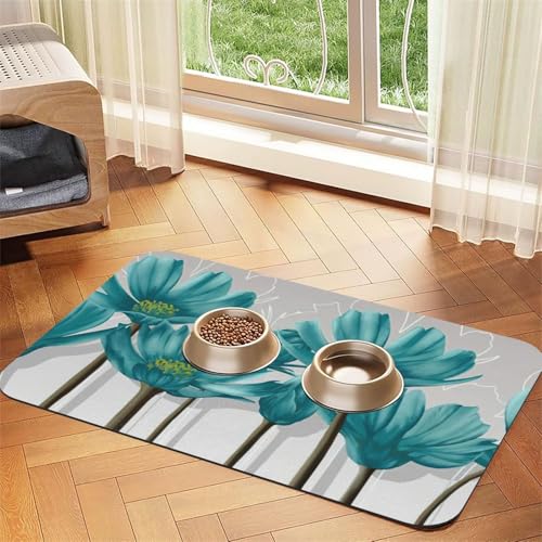 Futtermatte für Hunde und Katzen, mit Blumendruck, aus PU-Leder, saugfähig, rutschfeste Gummiunterseite, Blaugrün / Grau von JEJEA