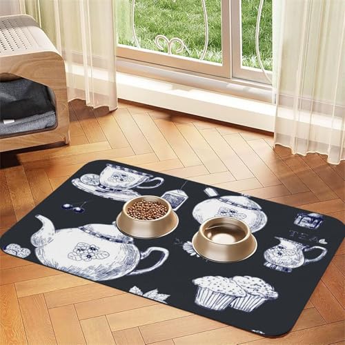 Handgezeichnete Teekannen und Tassen, bedruckt, PU-Leder, Futtermatte für Hunde, Katzen, Haustierfuttermatte, saugfähig, rutschfeste Gummiunterseite Handgezeichnete Teekannen und Tassen, bedruckt, PU-Leder, Futtermatte für Hunde, Katzen, Haustierfuttermatte, saugfähig, rutschfeste Gummiunterseite von JEJEA