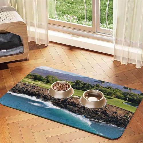 Hawaii Beach Golfplatz-Druck, PU-Leder-Futtermatte für Hunde und Katzen, Haustierfuttermatte, saugfähig, rutschfeste Gummiunterseite Hawaii Beach Golfplatz-Druck, PU-Leder-Futtermatte für Hunde und Katzen, Haustierfuttermatte, saugfähig, rutschfeste Gummiunterseite von JEJEA