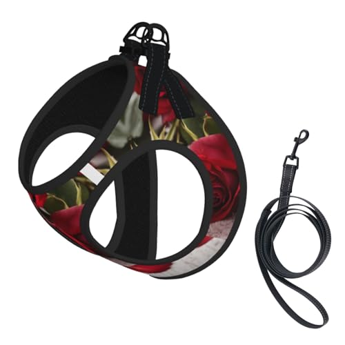 Hundegeschirr und Leine, Set mit roten Rosen, reflektierend, verstellbar, für kleine, mittelgroße und große Hunde, Katzen Hundegeschirr und Leine, Set mit roten Rosen, reflektierend, verstellbar, für kleine, mittelgroße und große Hunde, Katzen von JEJEA
