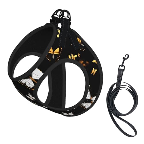 Hundegeschirr und Leine, reflektierend, verstellbar, für kleine, mittelgroße und große Hunde, Katzen, goldfarben / Weiß mit Schmetterlingen, Schwarz Hundegeschirr und Leine, reflektierend, verstellbar, für kleine, mittelgroße und große Hunde, Katzen, goldfarben / Weiß mit Schmetterlingen, Schwarz von JEJEA