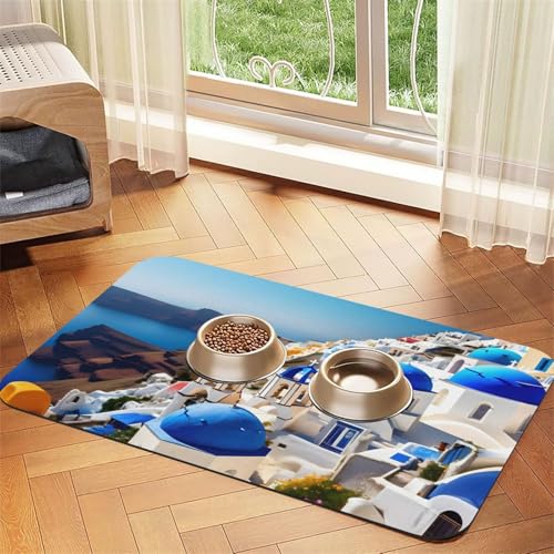 Santorini Futtermatte für Hunde und Katzen, Motiv: griechische Insel, Meerblick, PU-Leder, saugfähig, rutschfeste Gummiunterseite Santorini Futtermatte für Hunde und Katzen, Motiv: griechische Insel, Meerblick, PU-Leder, saugfähig, rutschfeste Gummiunterseite von JEJEA
